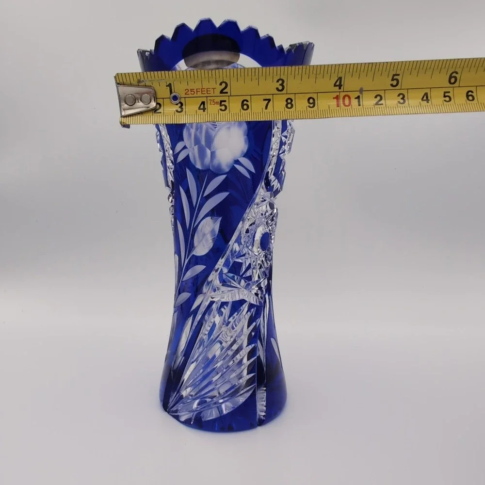 Vintage German Cobalt Blue Cut to Clear 24% Lead Crystal Rose Vase 8